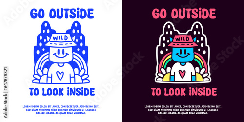 Hype cat in bucket hat with go outside to look inside typography, illustration for logo, t-shirt, sticker, or apparel merchandise. With doodle, retro, groovy, and cartoon style.