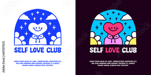 Lovely character with self love club typography, illustration for logo, t-shirt, sticker, or apparel merchandise. With doodle, retro, groovy, and cartoon style.