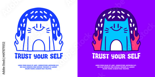Fancy cat on fire with trust yourself typography, illustration for logo, t-shirt, sticker, or apparel merchandise. With doodle, retro, groovy, and cartoon style.