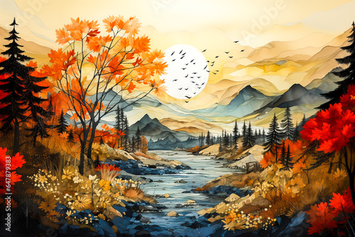 illustration of autumn landscape with mountains, Generative AI