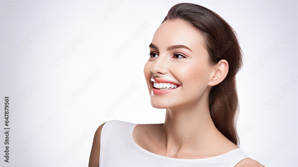 Closeup photo portrait of a beautiful young model, woman smiling with clean teeth, dental ad, isolated on white background Closeup photo portrait of a beautiful young model, woman smiling with clean teeth, dental ad, isolated on white background