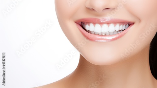 Closeup photo portrait of a beautiful young model  woman smiling with clean teeth  dental ad  isolated on white background