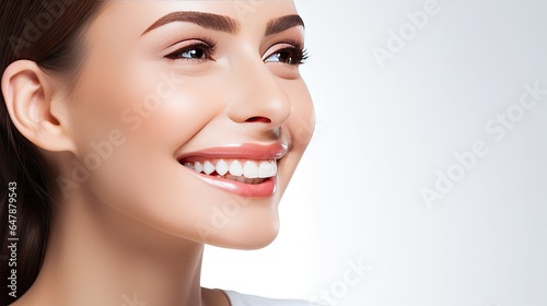 Closeup photo portrait of a beautiful young model, woman smiling with clean teeth, dental ad, isolated on white background