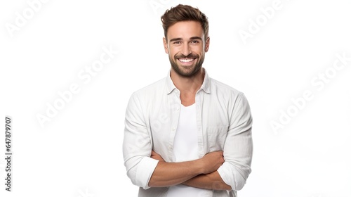 portrait of a handsome man looking at camera on white background. smart businessman success. generative ai photo