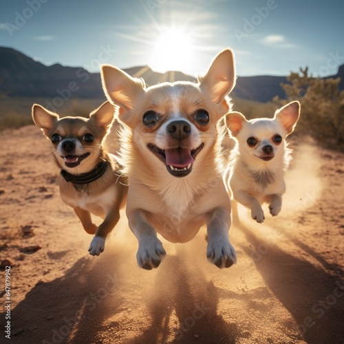 Cute funny Chihuahua group running and playing on Desert in autum