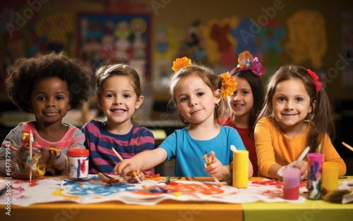 Group of children during a fun arts and crafts activity. Generative AI