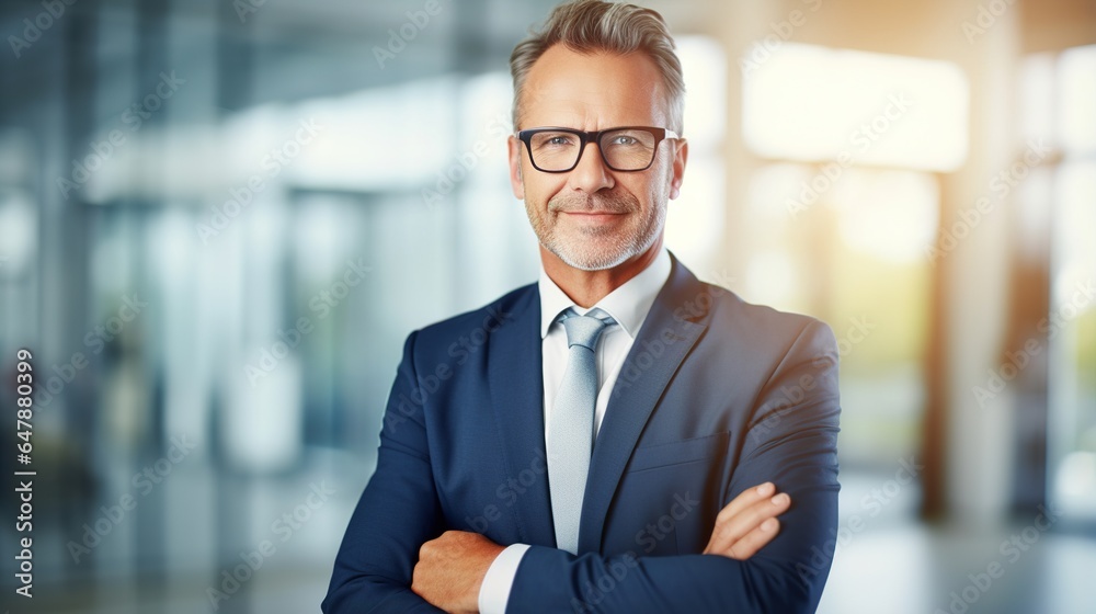 Portrait of a handsome CEO smiling at office. generative ai Portrait of a handsome CEO smiling at office. generative ai