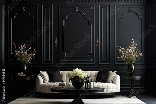 Black lacquered wall with wainscoting, perfect backdrop. Generative AI photo