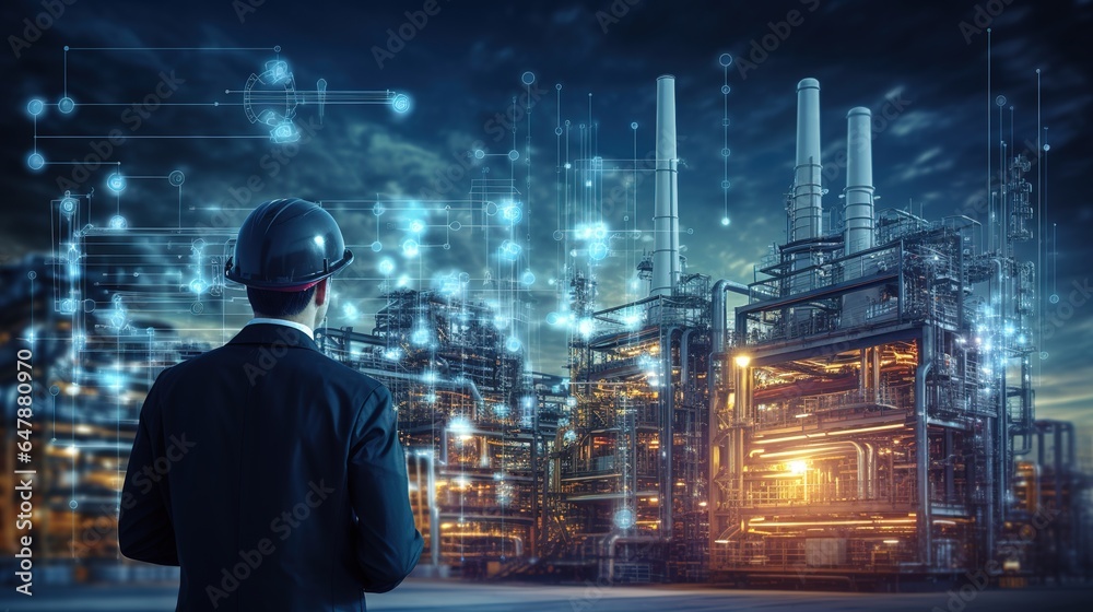 Engineer with a background in the oil refinery business and industrial instruments in the manufacturing. steel long pipe in the background of a crude oil facility. generative ai - obrazy, fototapety, plakaty 