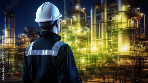 Engineer worker at an oil refinery discussing and pointing for inspection and wearing a safety helmet, with a steel long pipe in the background of a crude oil facility. generative ai