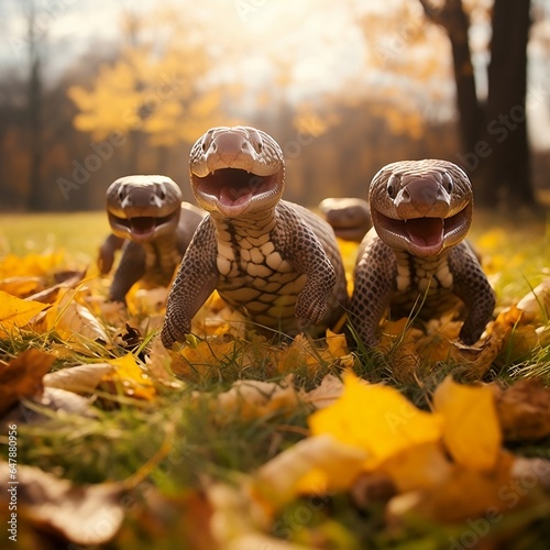 Cute funny Cobra group running and playing on green grass in autum photo