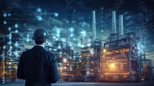 Engineer with a background in the oil refinery business and industrial instruments in the manufacturing. steel long pipe in the background of a crude oil facility. generative ai