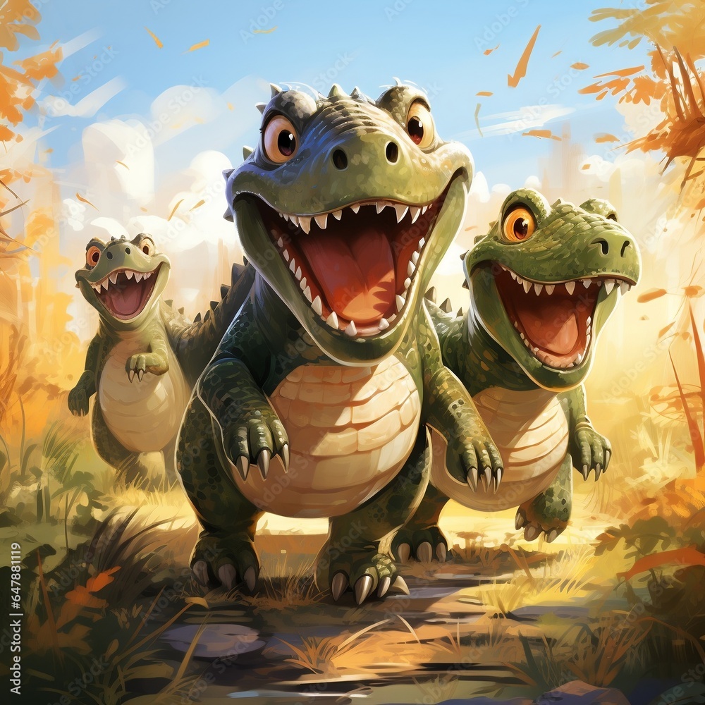 Obraz premium Cute funny Crocodile group running and playing on green grass in autum