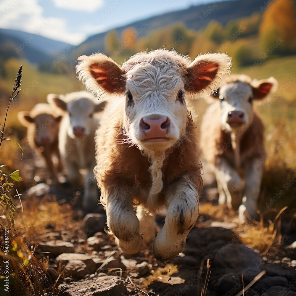 Cute funny Cow group running and playing on green grass in autum