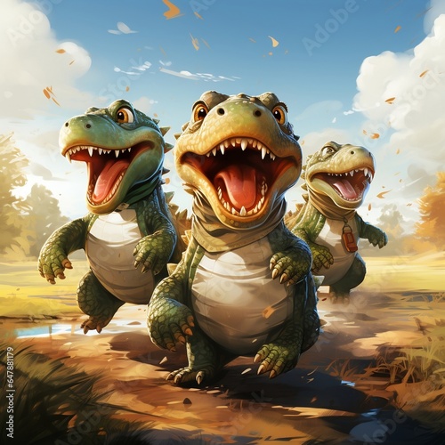 Cute funny Crocodile group running and playing on green grass in autum