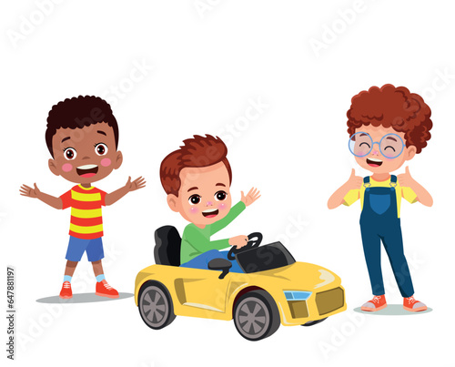 Cute boy driving a toy electric car vector cartoon illustration isolated on white background