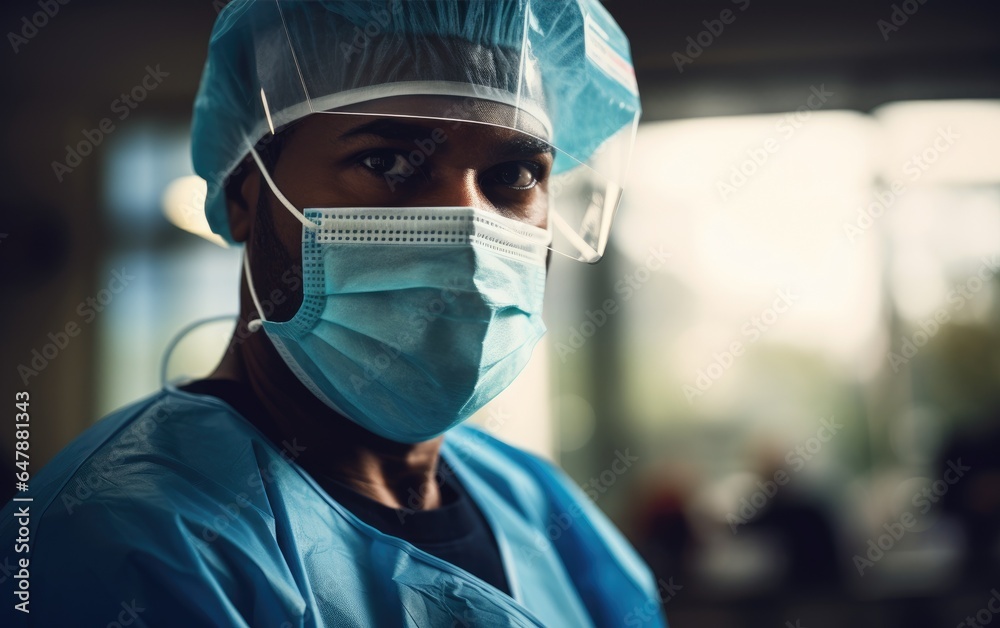 Healthcare worker wearing disposable mask and face glass shield. Generative AI Healthcare worker wearing disposable mask and face glass shield. Generative AI
