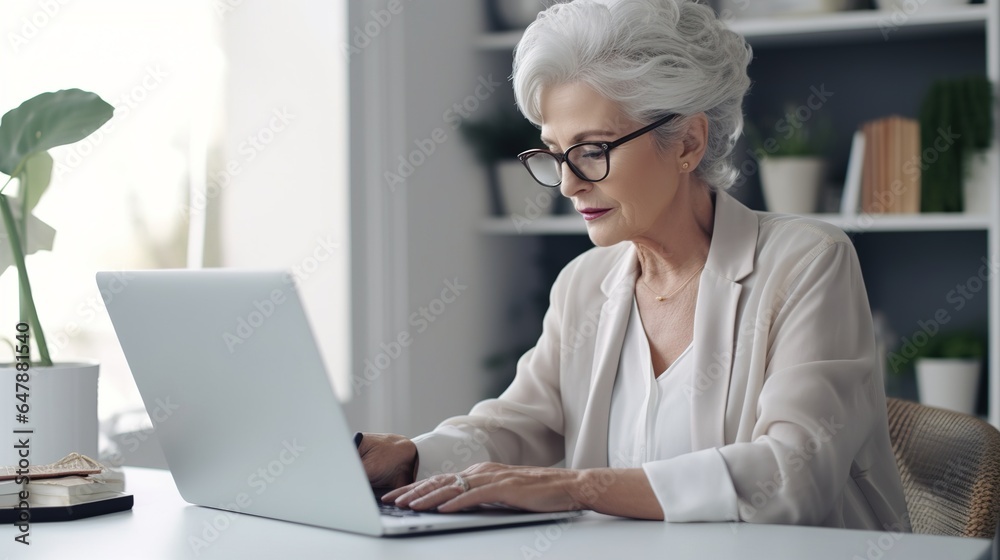 senior woman working on laptop computer at office. generative ai senior woman working on laptop computer at office. generative ai