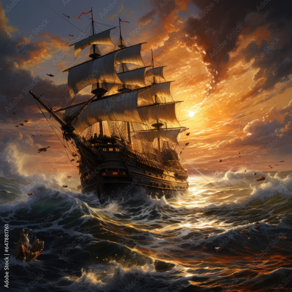 Fototapeta premium Pirate ship by the sunset