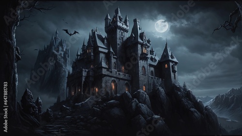 Creepy Dracula castle on haunted mountain illuminated by full moon on a horror night halloween theme painting. Spooky medieval castle on a hill, eerie atmosphere, haunted background, Halloween 