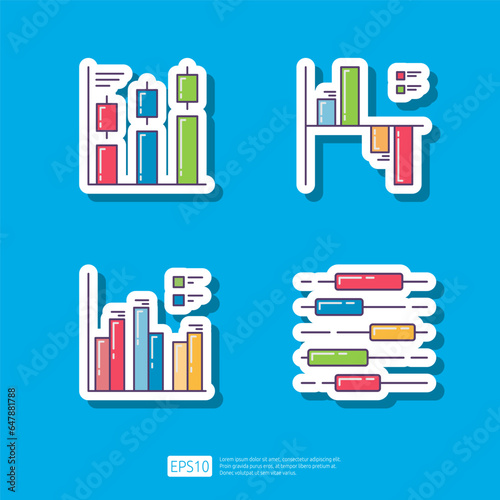 Growth Candlestick Chart, Statistic Diagram Bar Graph. Business Finance Chart and Graph Infographic Sticker Vector Illustration Icon Set