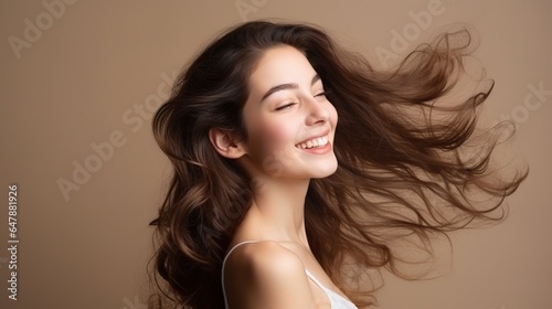 Long Hair Woman is a portrait of a gorgeous young woman smiling. Portrait. Hair Care Idea