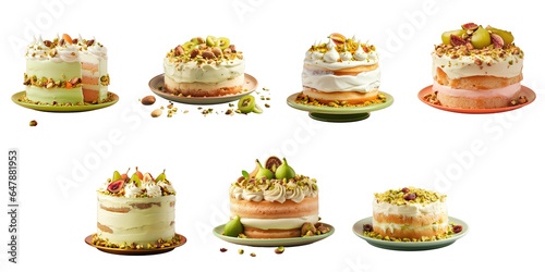 Png Set Fruity cream and pistachio cake adorned with nuts on a transparent background
