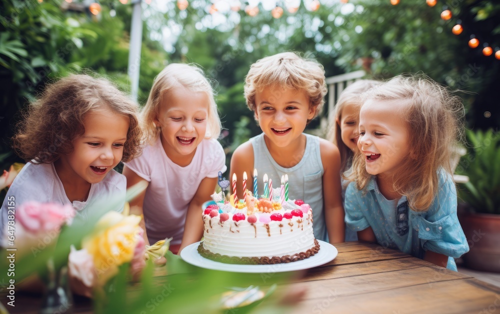Group of kids smiling at an outdoor birthday party. Generative AI Group of kids smiling at an outdoor birthday party. Generative AI