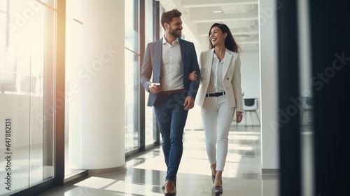 business couple walking in modern office corridor