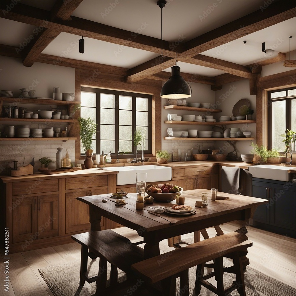 Cozy, rustic kitchen with exposed wooden beams and a farmhouse sink