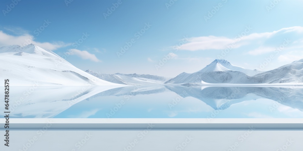 A sea surrounded by snow covered mountains. Imaginary illustration. Empty stage, podium.