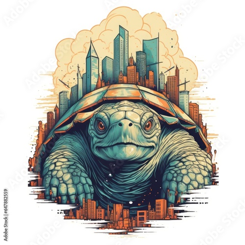 A monster turtle towering over a city  imaginary illustration.