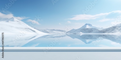 A sea surrounded by snow covered mountains. Imaginary illustration. Empty stage, podium.