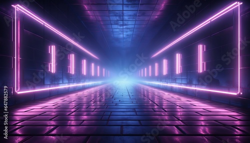 Modern Sci Fi Elegant Retro Club Stage Glowing Blue Pink Purple Frame Light Rectangle In Dark Empty Grunge