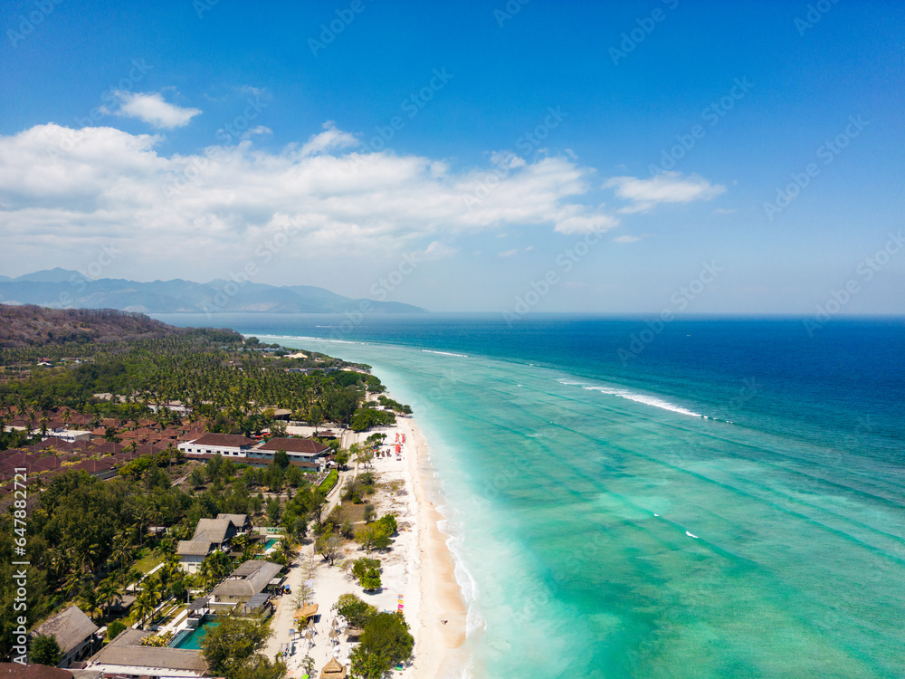 Gili Island beach aerial landscape by drone. aerial view of Gili Trawangan in Lombok, Bali, Indonesia 