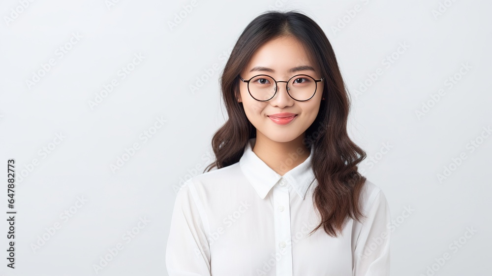 portrait of a cheerful young asian business woman with glasses isolated on white background. generative ai portrait of a cheerful young asian business woman with glasses isolated on white background. generative ai