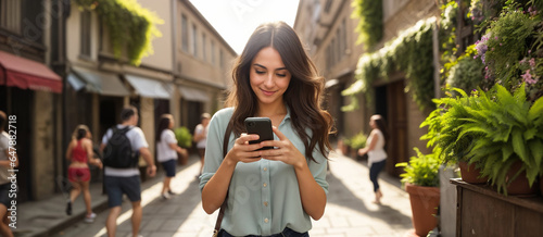 Young smiling woman, smartphone in hand, outside on sunny summer day