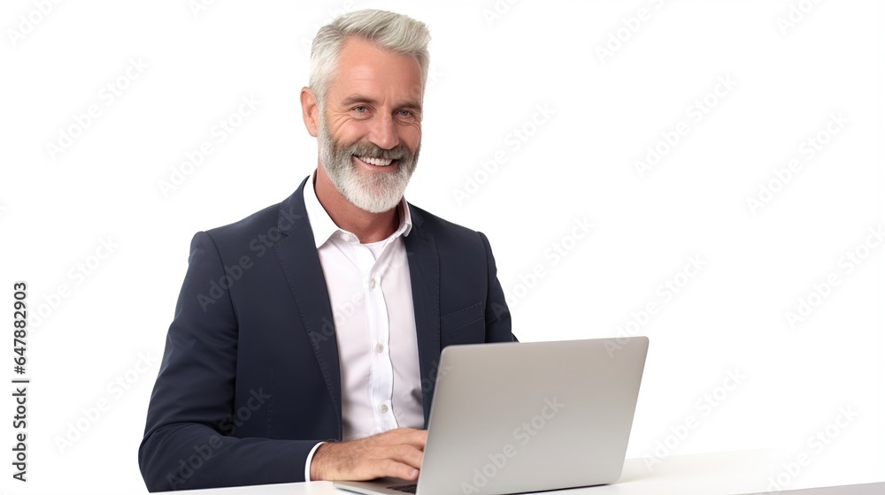 Mature businessman working on laptop on white background. generative ai Mature businessman working on laptop on white background. generative ai