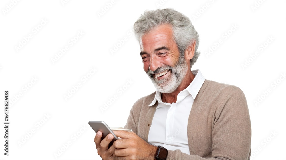 Mature businessman talking with mobile phone on white background. generative ai Mature businessman talking with mobile phone on white background. generative ai