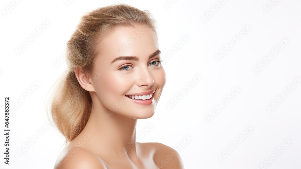 fresh skin isolated on white. Portrait of a beautiful woman. A lovely spa lady smiles. Skin that is flawlessly fresh. Model of pure beauty. Concept of Youth and Skin Care. generative ai fresh skin isolated on white. Portrait of a beautiful woman. A lovely spa lady smiles. Skin that is flawlessly fresh. Model of pure beauty. Concept of Youth and Skin Care. generative ai