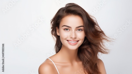 Smiling woman with natural beauty  showcasing happiness and glamour in a fresh portrait