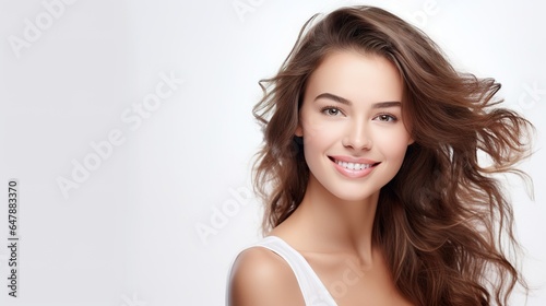 fresh skin isolated on white. Portrait of a beautiful woman. A lovely spa lady smiles. Skin that is flawlessly fresh. Model of pure beauty. Concept of Youth and Skin Care. generative ai
