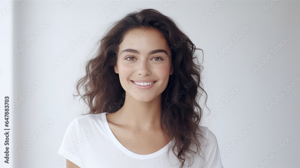 Happy brunette woman with a beautiful smile, joyfully posing for a portrait Happy brunette woman with a beautiful smile, joyfully posing for a portrait
