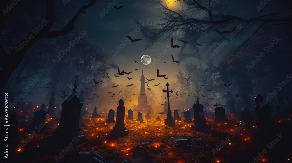 Vintage Haunted Halloween Scene with a Moonlit Forest and a Graveyard