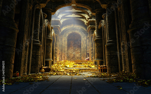 Treasury hall. treasure trove of gold coins And chests and treasure boxes pile up. Treasuries, kingdoms and castles. The concept of finding lost ancient treasures. 3d rendering image
