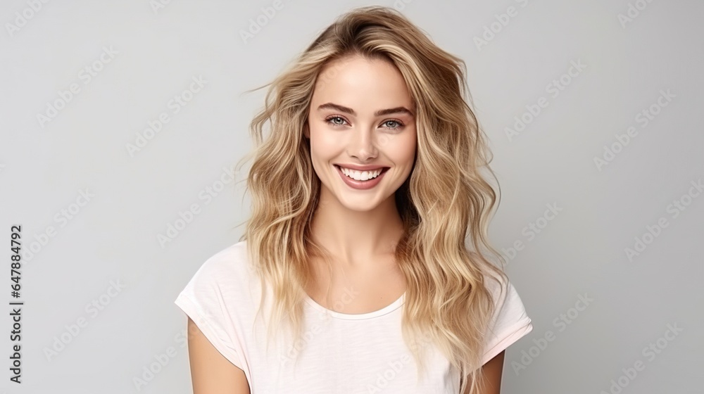 Pretty smiling joyously female with fair hair, dressed casually, staring at camera with satisfaction, pleased. Studio portrait of a lovely woman against a white background. generative ai Pretty smiling joyously female with fair hair, dressed casually, staring at camera with satisfaction, pleased. Studio portrait of a lovely woman against a white background. generative ai