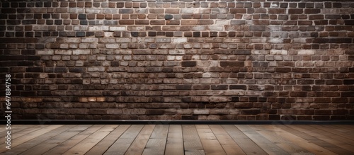 Dark oak colored wood floor with white brick wall in perspective