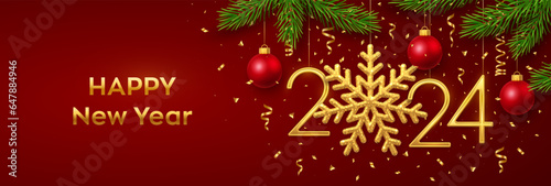 Happy New 2024 Year. Hanging Golden metallic numbers 2024 with snowflake, balls, pine branches and confetti on red background. New Year greeting card or banner template. Holiday decoration. Vector.