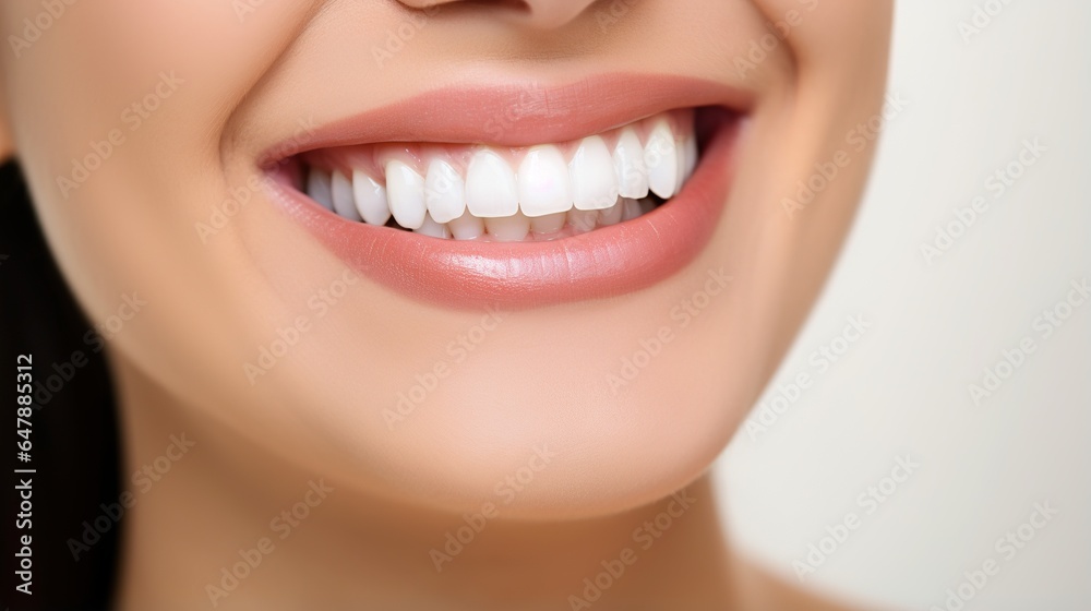 Obraz premium Woman face, beauty and natural dental veneers in studio background. Oral health, healthcare or woman model happy mouth with clean teeth hygiene. generative ai