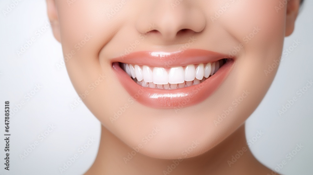 teeth and woman face, beauty and natural dental veneers in studio background. Oral health, healthcare or woman model happy mouth with clean teeth hygiene. generative ai